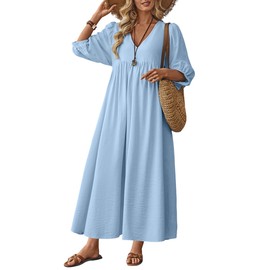 Celmia Cotton Dress for Women Summer Boho Puff Sleeve Linen Maxi Dress Light Blue Medium