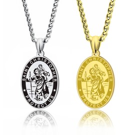 LAOYOU St. Christopher Medal Men's Women's Saint Christopher Necklace For Men Women Car Stainless Steel Pendant Catholic Patron Saint of Travellers Amulet Protection Jewelry Gifts Silver Black Oval