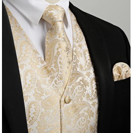 Enlision Mens Vests Dress Paisley Suit Vest for Men Formal Silk Necktie Pocket Square Cufflinks Set Wedding Party Tuxedo Dress Waistcoat Champagne Gold