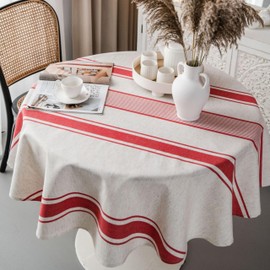 Vintage French red striped Table Cloth,white Cotton Linen Tablecloth Washable Reusable Table Cover for Kitchen Dinning Farmhouse Tabletop Decoration (Round,150)