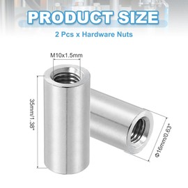 sourcing map 2Pcs M10x1.5mm Round Coupling Nuts, 0.63x1.38 Inch(ODxH)304 Stainless Steel Connector Nut Fasteners Rod Hardware Nuts for Threaded Rod, Industrial Construction Fasteners, Silver