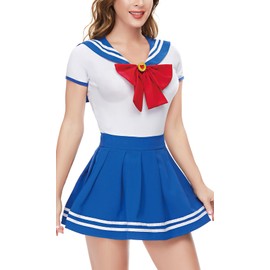 CutiePlusU Button Crotch Onesie Adult Romper Bodysuit Cosplay Magical Sailor Onesie Skirt Set Set BlueWhite 4XL