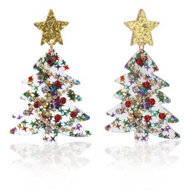 Christmas Tree Earrings for Women, Acrylic Tree Star Earrings Stud with Rhinestones Beads Dangle Holiday Jewelry for Festive Christmas Party Holiday Outfit Gift Accessories (Colorful)