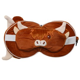 Puckator Relaxeazzz Highland Coo Cow Round Plush Travel Pillow & Eye Mask Pillow, 95% Polyester and 5% Elastane, Multicoloured, One Size