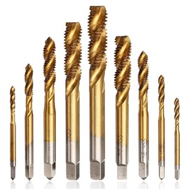 Mesee 9 Piece Spiral Tap, HSS Titanium Coated Tap, Spiral Groove Drill Machine Tap Set, Metric Thread Steel Tap Set Tools M2 M2.5 M3 M4 M5 M6 M8 M10 M12