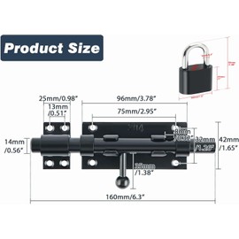 Alise Gate Latch Slide Bolt Latches with Padlock Set,Barrel Bolt Gate Latches Locks for Outdoor Fence Gate for Wooden Fence Shed Door Latch Gate Hardware,6 Inch Solid Stainless Steel Black Latch