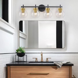 4 Light Bathroom Vanity Light, Black and Gold Bathroom Light Fixtures Over Mirror, Modern Globe Vanity Light Mid Century Bathroom Wall Sconces Indoor Lighting