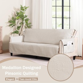 Pamhaven Quilted Beige Sofa Slipcovers with Pockets, Anti-Slip Medallion Couch Covers for 3 Cushion Sofa, Couch Cover for Dogs Cats Water-Repellent Machine Washable (Large Sofa 68", Beige Cream)