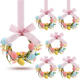Hoteam 6 Pcs Easter Kitchen Cabinet Wreath with Plaid Bow Ribbon 8.7'' Mini Artificial Easter Egg Wreath Spring Berry for Front Door Window Wall Decor (Pink Bow)