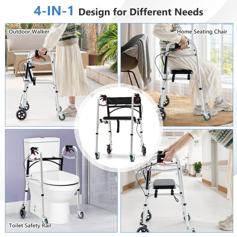 GYMAX Walkers for Seniors, 2-Button Folding Walker with 5 Inches