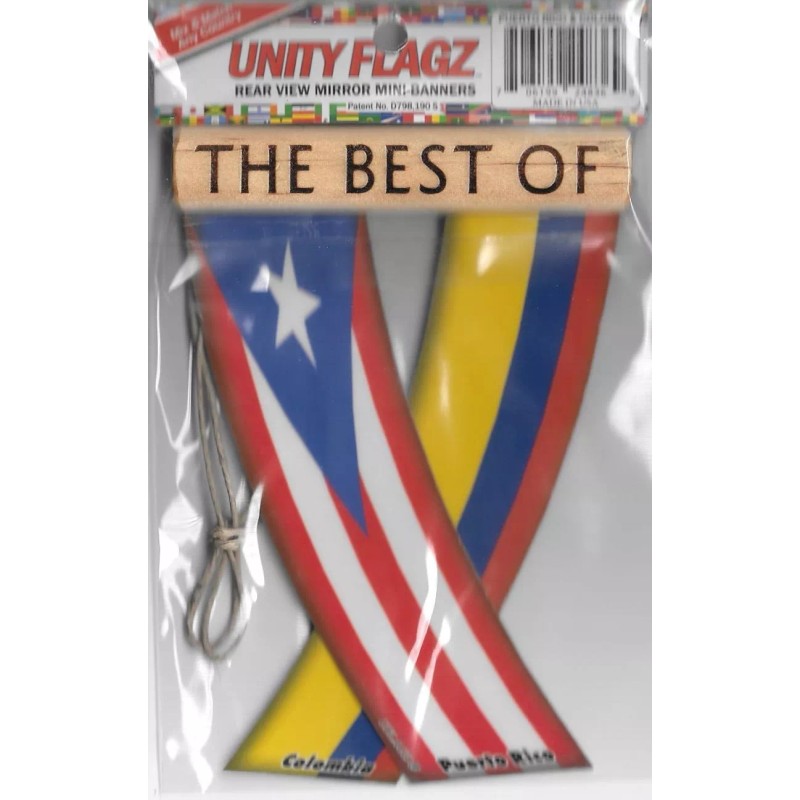 Rear view mirror car flags Colombia and Puerto Rico unity