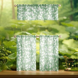 Tier Kitchen Curtains for Bathroom 24" Green and White Leaves Print Tiers for Laundry Room Basement 2 Panels