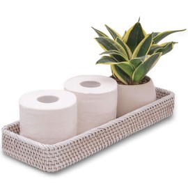 CELEZAR Rattan Toilet Tank Basket Guest Towel Napkin Woven Holder for Serving Organizing Bread Shelves Bathroom Counter Organizers and Storage Decorative Wicker Tray (17 x 6 x 2 inches, White Wash)