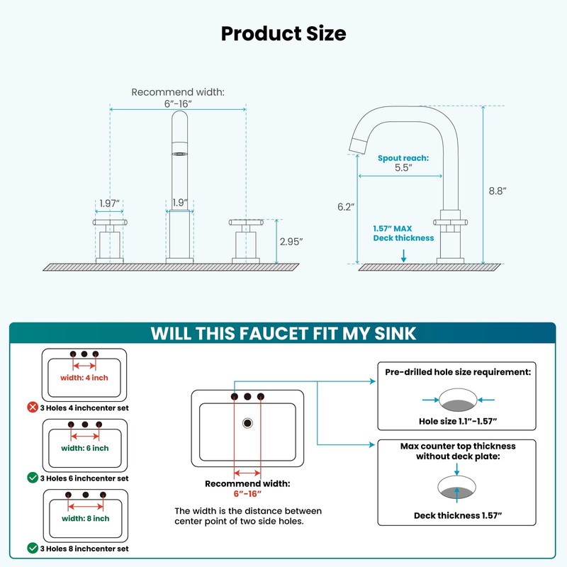 gotonovo 8 inch Widespread 3 Hole Bathroom Sink Faucet,2 Cross