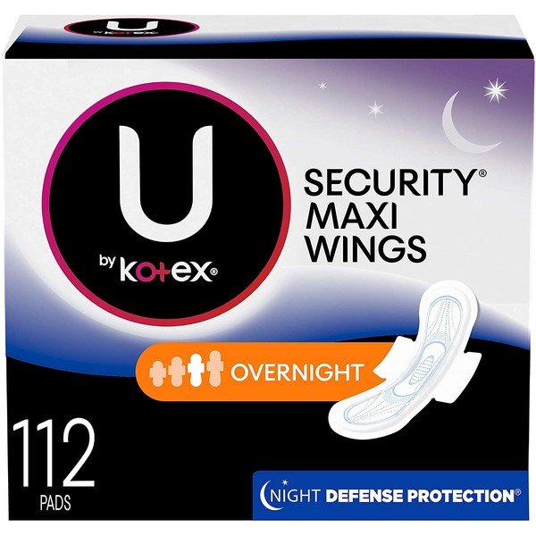 U by Kotex Security Maxi Pads with Wings, Overnight, Unscented, 112 Count (4 Packs of 28)