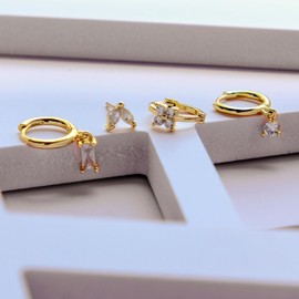 Lucky Fox 18K Real Gold Plated 925 Sterling Silver Huggie Hoop Dangle Stud Ear Cuff Earrings Set for Women, Fashion Hypoallergenic Gold Earrings with Cubic Zirconia (Hoop Dangle + Stud (4 pieces))