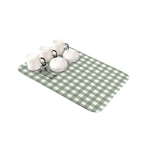 Sage Green Buffalo Plaid Dish Drying Mats for Kitchen Counter/Bathroom/Sink,