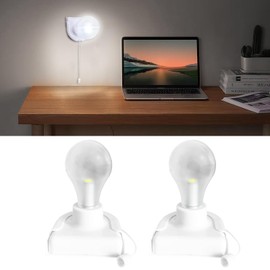 Shuwea Battery Operated Light Bulb with Pull Chain, 2 Pack Wireless Stick-Up LED Closet Light Bulb, Self Adhesive Wall Mounted Light Fixture for Cabinet Bedroom Living Room Kitchen, Clear Cover