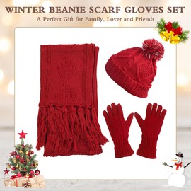 Hat Gloves Scarf Set Women Winter Knit Beanie Hat+Touchscreen Gloves+Long Scarve 3 in 1 Set Gift for Women Girls
