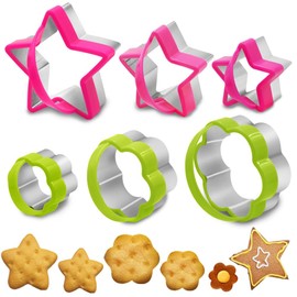 6 cortadores de galletas de acero inoxidable con asa, AIFUDA con patrón de estrella y flores, mini molde para presionar galletas, pan, pasteles, sushi, sándwich, fruta (verde, rosa)
