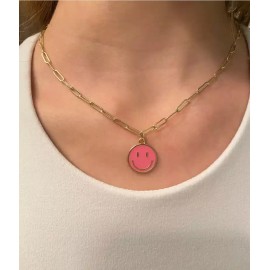 Unbranded Pink Smiley Face Paperclip Necklaces, Gold Chain  - Positive Happy Jewelry