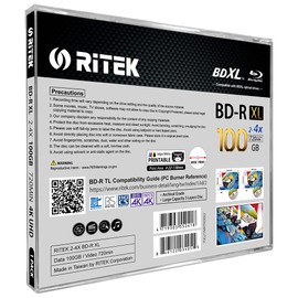 3 Pack Ritek BD-R XL BDXL 100GB Archival Grade Triple Layers 4X White Inkjet Hub Printable Blank Disc w/Standard Jewel Case