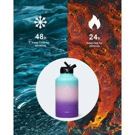 BUZIO 64oz Insulated Water Bottle Stainless Steel Double Wall Leak Proof Half Gallon with Straw Lid and Flex Cap (Cold for 48 Hrs) Sports Flask Metal Travel Mug for Hiking Cycling, Hydrangea