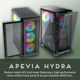 Apevia Hydra-BK Hydra Mid Tower Gaming PC Case w/ 6X 120mm ARGB Fans, 366 RGB Light Modes, High Performance Breathable Airflow Mesh Front Panel, Tempered Glass Side Panel, 1X USB3.0, 2X USB2.0, Black
