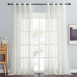 PONY DANCE Living Room Curtains, Modern Curtain, Transparent Eyelet Curtain, Set of 2 Voile Curtains, Linen-Look, Airy and Translucent Curtains with Eyelets, H 245 x W 140 cm, Cream