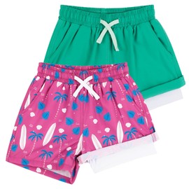 KAKU NANU Boys Swim Trunks Compression Liner Bathing Swimsuit Quick Dry Boxer Brief Beach Board Shorts with Pockets 3T (Green & Pink)