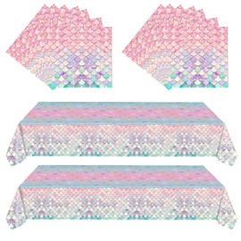 GHKJOK 2 Pack Mermaid Scale Tablecloths with 20 Napkins – 54 x 108in Iridescent Fish Scale Design PE Table Covers for Girls Birthday, Princess Party & Under the Sea Decorations