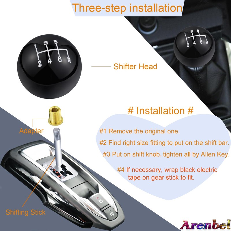 Arenbel 6 Speed Gear Shifter Knobs Black Ball Shift Stick