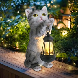 Afirst Solar Cat Statue Garden Decor, Outdoor Statue Decor with Solar Lantern Lovely Cat Figurine Patio Lawn Yard Art Ornaments Housewarming Gift