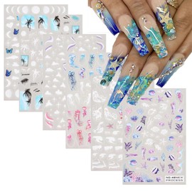 6 Sheets Summer Nail Art Stickers 3D Self-Adhesive Embossed Seashell Nail Stickers Cute Nail Decals Marine Ocean Starfish Nail Art Design Decals for Nail Art Supplies Accessories
