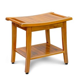 20" Premium Teak Shower Bench with Shelf & Handle, Solid Teak Shower Stool, Durable Waterproof Seat for Inside Shower, Teak Wood Bench for Bathroom, Indoor & Outdoor Use