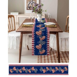 4th of July Table Runner 13x72 Inches Long Patriotic Love Table Runners Cotton Linen Heart Red Blue Star Stripes Independence Day Dresser Scarf Kitchen Dinner Table Decor for Memorial Day Party