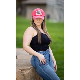 Funky Junque Women's Distressed Vintage Beach Baseball Cap, Embroidered Bee Apparel Patch Hat, Adjustable Happy Camper Style - Bee Happy - Coral