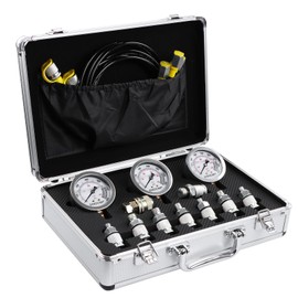 SINOCMP Hydraulic Pressure Gauges Test Kit 4000/6000/10000PSI, 9 Couplings 3 Test Hoses 59 inch, 1 Aluminum Box Diagnosis Tester Set for Excavator Construction Machinery