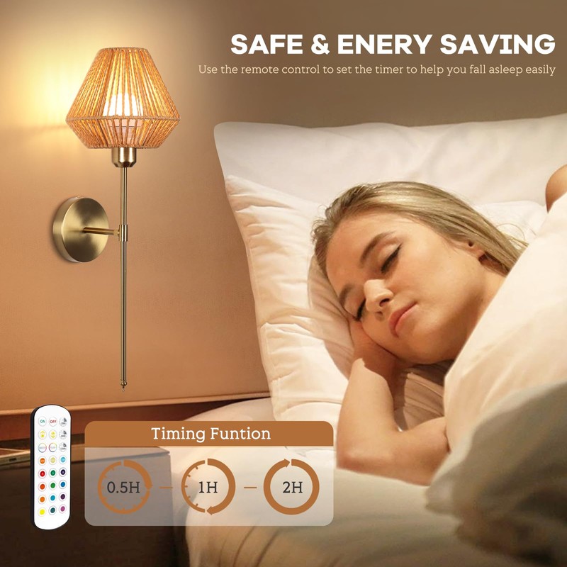 Battery Operated Wall Sconce Set of 2, Rattan Rechargeable Wall