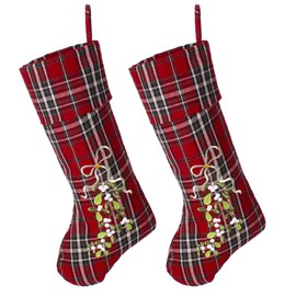 Dibor Set of 2 Festive Tartan Stockings with Mistletoe Embellishment and Hanging Loop - H51cm
