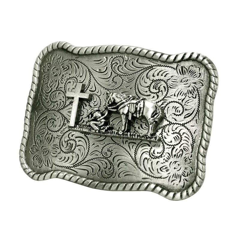 Moranse Silver Religion Cross Kneeling Prayer Design Western Cowboy Rectangle