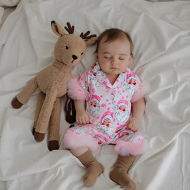 Kuriozud Baby Girl Pajamas Newborn Button Down Romper Jumpsuit Feather Trim Nightgown Infant Sleepwear One-Piece Summer Pjs (Santa Claus Print Pink, 6-12 Months)
