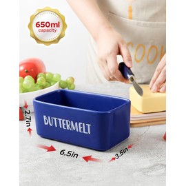 ButterMelt Butter Dish with Lid, Large Butter Dishes for Countertop, Ceramics Butter Holder with 304 Stainless Steel Knife, Kitchen Food Container 6.3 x 3.5 x 2.7 inches, Blue