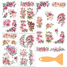 BEUNITONE 4 Sheets Corner Flower Rub on Transfers for Furniture and Crafts Vintage Roses Peonies Rub on Transfers Stickers for Dresser Wood Furniture Scrapbooking Home Decor Waterproof 6"x12"