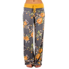 iChunhua Women's Comfy Stretch Floral Print Drawstring Palazzo Wide Leg Lounge Pants(M,Yellow)