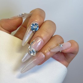 Long Stiletto Press on Nails 30 Pcs Handmade False Nails with Blue 3 D Crystals Designs Cute Glue on Nails Nude Gradient Gel Nail Reusable Artificial Stick on Nails for Women Girls