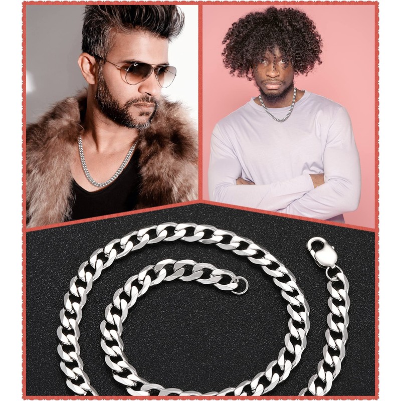 AFSTALR Men's Necklace Silver Curb Chain, Stainless Steel Cuban Jewellery