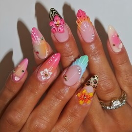 3D Flower Summer Press on Nails Medium Almond French Tip Fake Nails Floral Hibiscus with Gold Beads Design Colorful Gradient Beach Vacation False Nails Glue on Nails for Women Acrylic Manicure 24Pcs