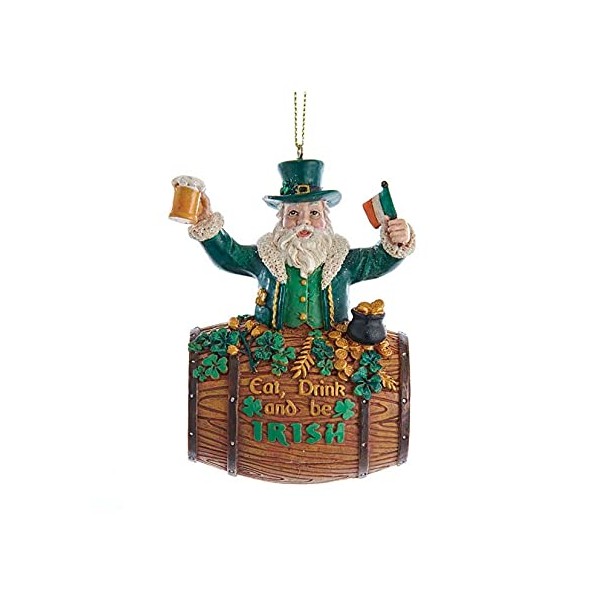 Adorno irlandés de Papá Noel en barril con cerveza y bandera irlandesa
