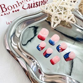 Independence Day False Nails 4th of July Short Press on Nails French Tip Acrylic Coffin Stickers Nail Glossy Red White Stripes Full Cover Fake Nail Reusable for Women 24pcs